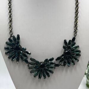 J. Crew Silver Tone Shades of Green Rhinestones Chain Clustered Necklace